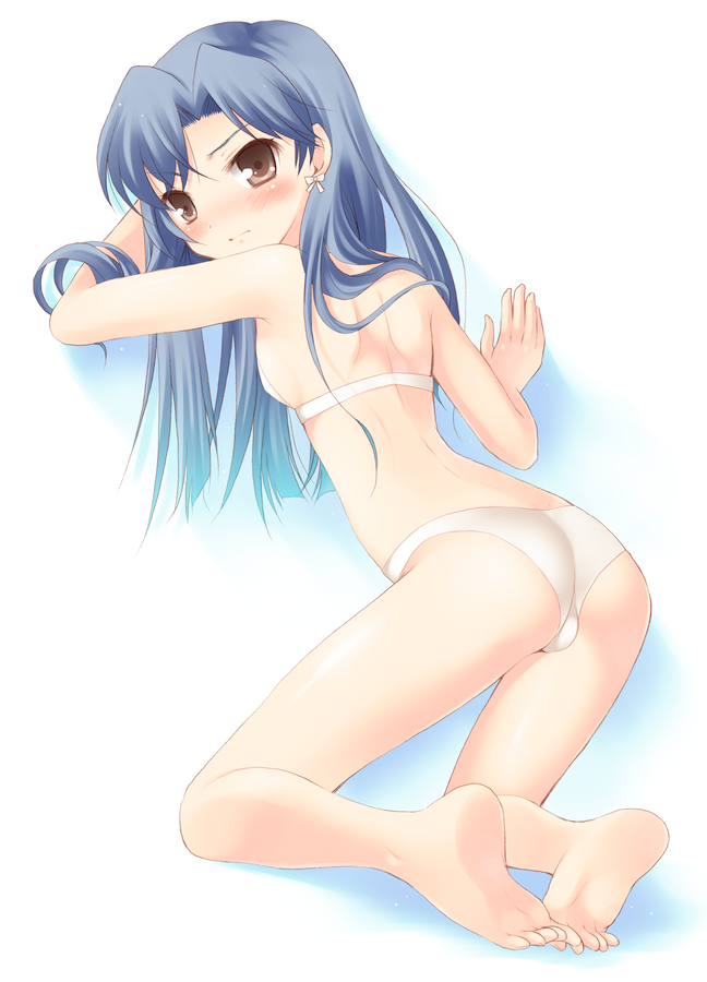 komi zumiko, kisaragi chihaya, idolmaster, idolmaster (classic), idolmaster 1, 00s, 1girl, ass, back, barefoot, blush, bra, feet, female focus, flat chest, kneeling, lingerie, looking back, panties, soles, solo, underwear, underwear only, white panties