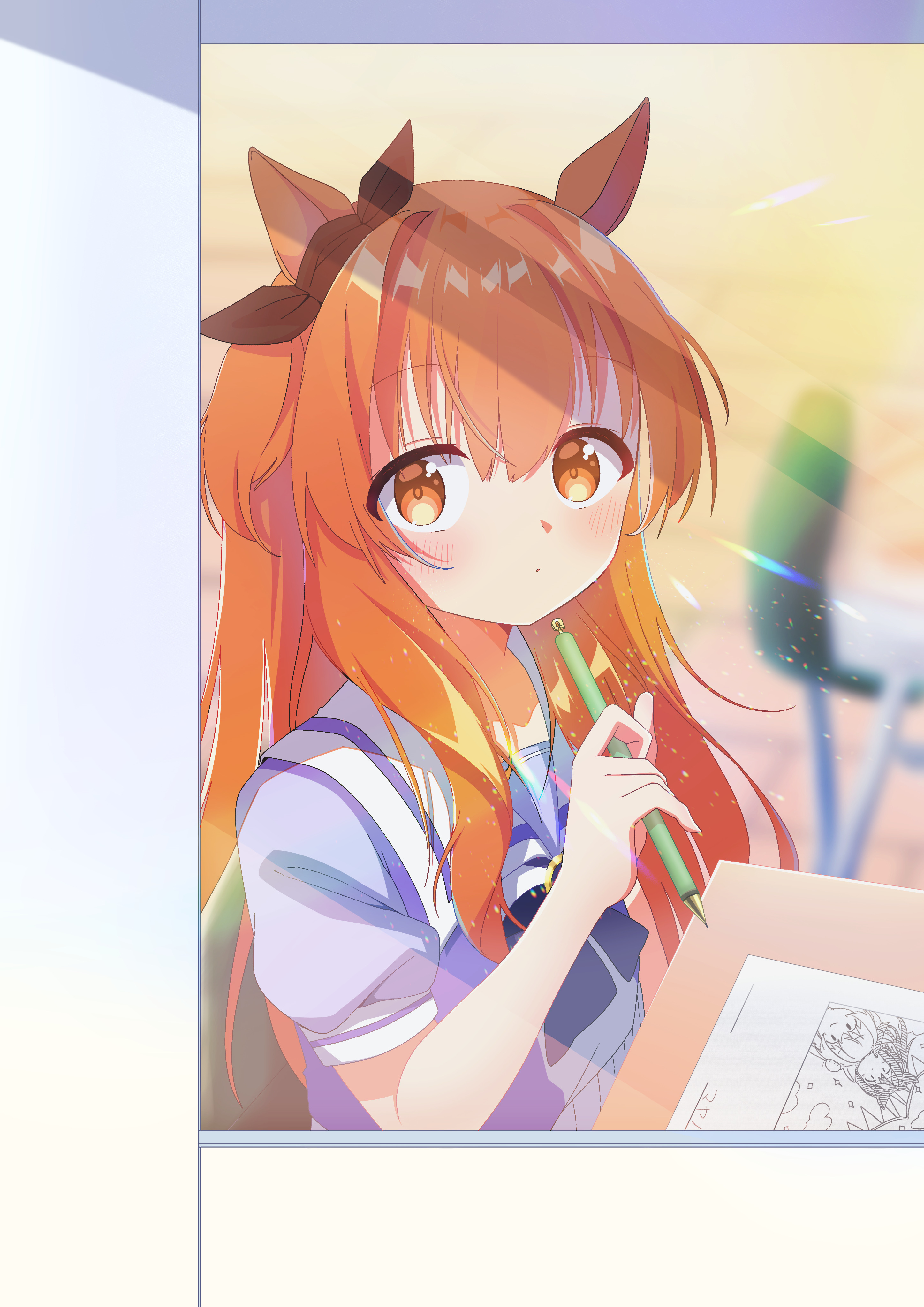 ruru1525, mayano top gun (umamusume), umamusume, absurdres, commentary, highres, 1girl, :o, animal ears, blurry, blurry background, blush, bow, bowtie, brown ribbon, chair, desk, drawing (object), ear bow, ear ribbon, glass, hair between eyes, holding, holding pen, horse ears, horse girl, horseshoe ornament, indoors, long hair, looking outside, orange eyes, orange hair, orange tail, pen, pleated skirt, puffy short sleeves, puffy sleeves, purple bow, purple bowtie, purple sailor collar, purple serafuku, ribbon, sailor collar, sailor shirt, school uniform, serafuku, shirt, short sleeves, sitting, skirt, solo, tracen school uniform, two side up, upper body, white skirt, window