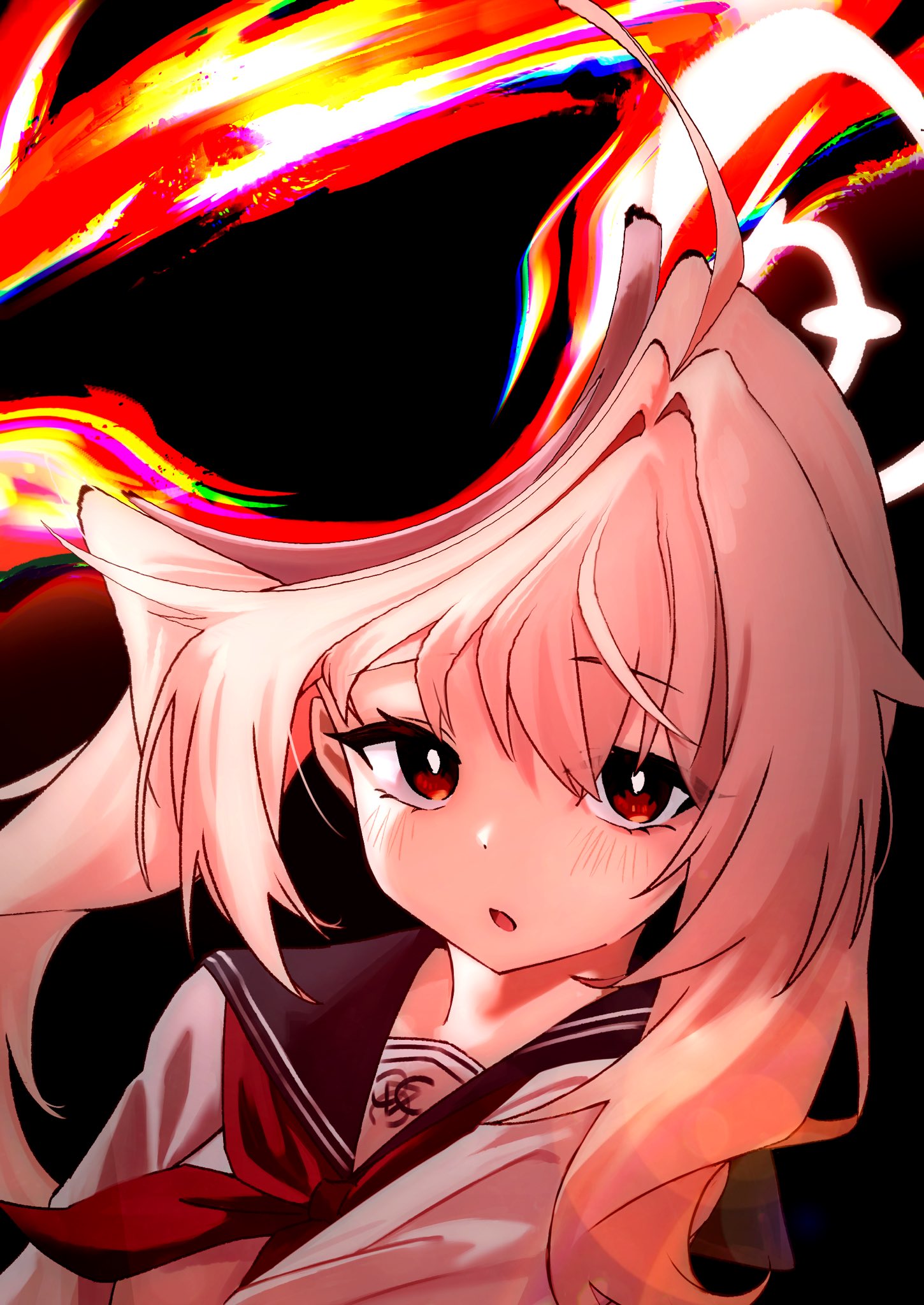 takamalu08 12, natsu (blue archive), blue archive, commentary request, highres, 1girl, ahoge, black background, black hole, black sailor collar, blush, cardigan, halo, long hair, looking at viewer, neckerchief, parted lips, pink hair, pink halo, portrait, red eyes, red neckerchief, sailor collar, school uniform, serafuku, solo, white cardigan