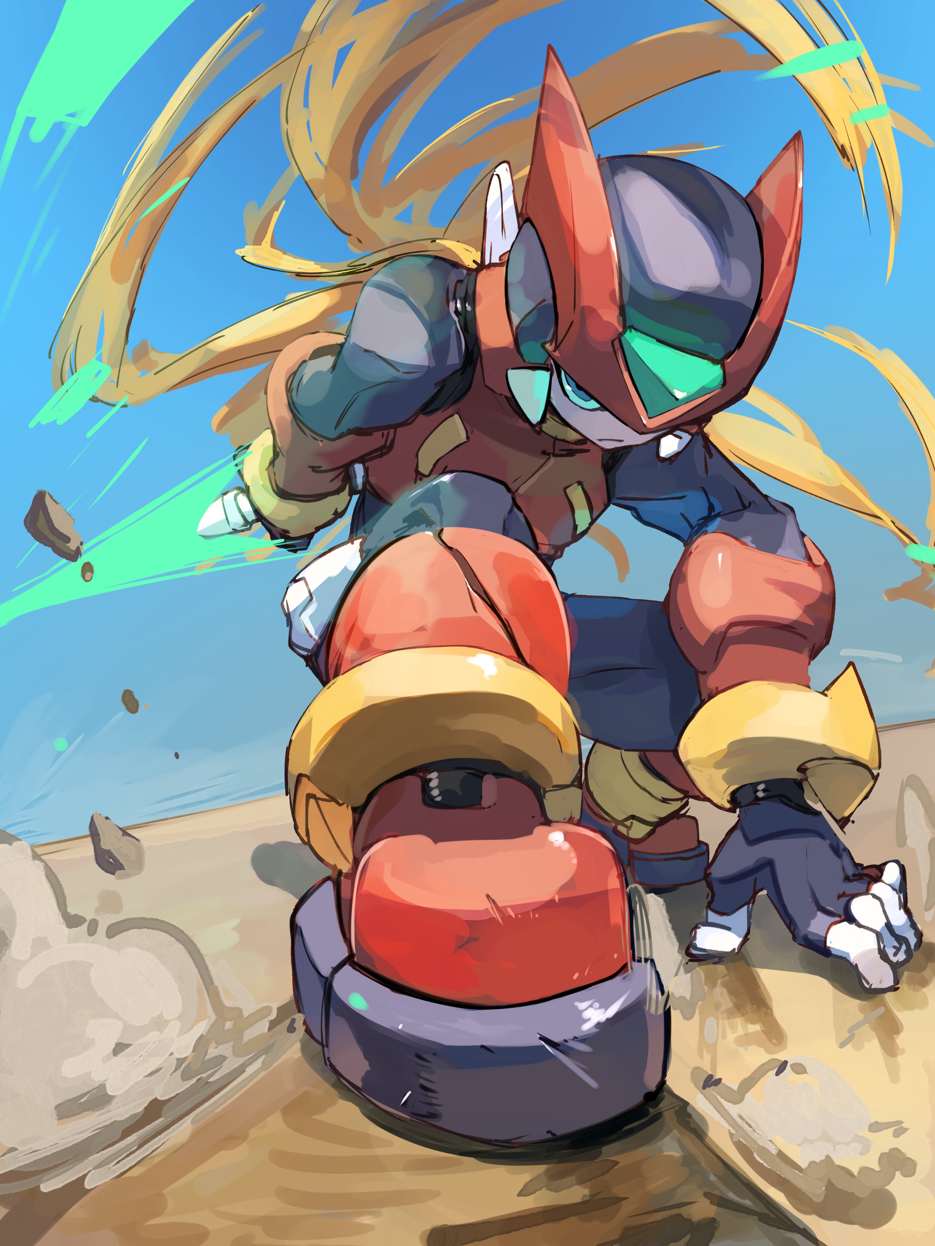 omochi (mochi skymega), zero(z) (mega man), zero (mega man), mega man (series), mega man zero (series), absurdres, highres, 1boy, armor, blonde hair, debris, energy sword, forehead jewel, helmet, long hair, male focus, red armor, red helmet, solo, sword, weapon, z saber