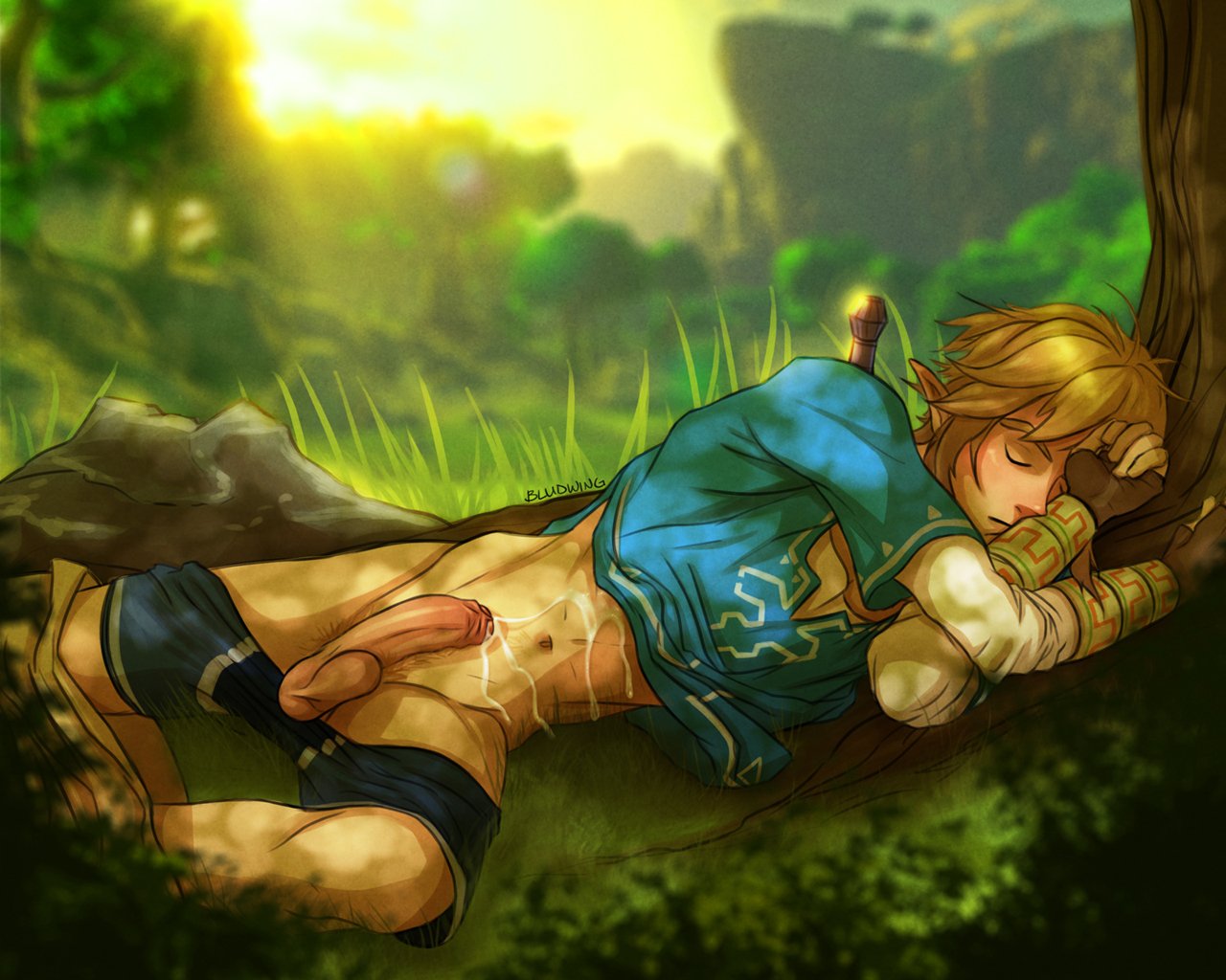 bludwing, link, nintendo, the legend of zelda, commentary, english commentary, 1boy, after masturbation, artist name, blonde hair, blonde pubic hair, blue male underwear, blurry, blurry background, champion's tunic (zelda), closed eyes, closed mouth, clothes pull, cum, cum on body, cum on stomach, grass, lying, male focus, male pubic hair, male underwear, navel, on back, pants, pants pull, penis, pointy ears, pubic hair, short hair, sleeping, solo, sunlight, testicles, underwear