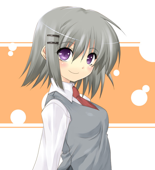 azuma ezu, silver hair, 1girl, blush, female focus, hair ornament, hairclip, necktie, purple eyes, school uniform, serafuku, short hair, smile, solo, vest