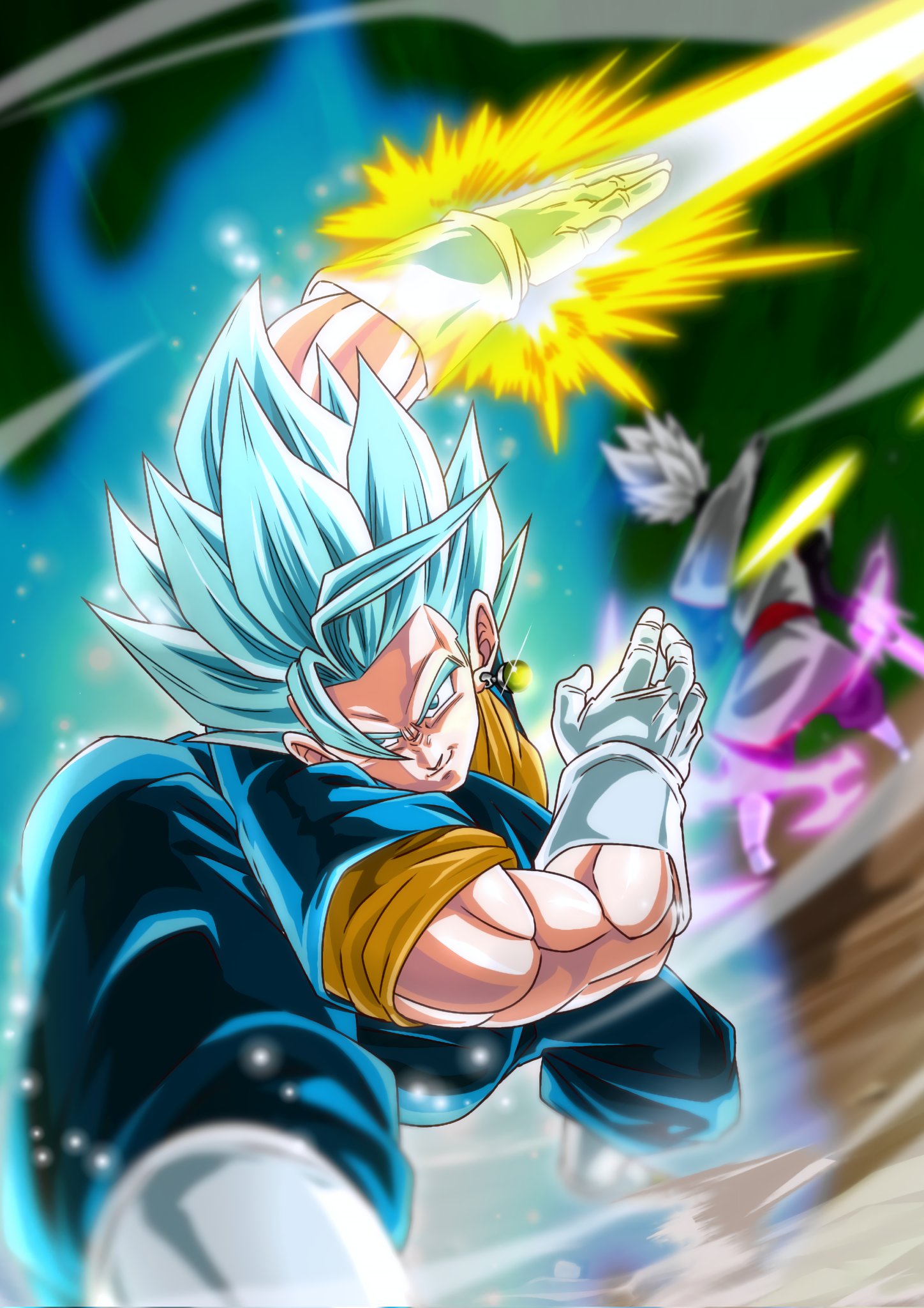 fused zamasu, vegetto, zamasu, dragon ball, dragon ball super, commentary, highres, 2boys, arm blade, aura, battle, blue eyes, blue hair, blue pants, blue shirt, boots, disembodied head, dougi, duel, earrings, energy blade, gloves, jewelry, male focus, medium hair, multiple boys, muscular, muscular male, orange shirt, pants, pocagraffiti, potara earrings, shirt, smirk, solo focus, spiked hair, super saiyan, super saiyan blue, weapon, white boots, white gloves