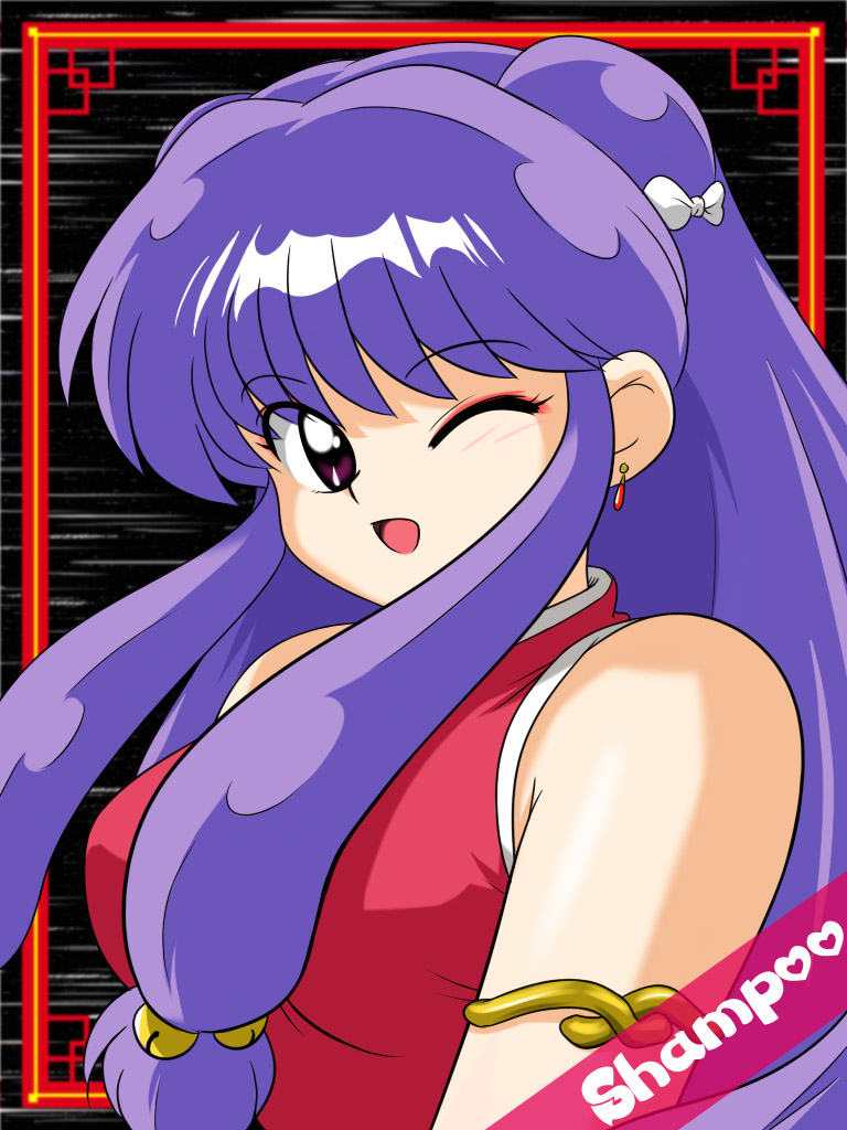 kj (k777), shampoo (ranma 1/2), ranma 1/2, eyebrows, 1girl, ;d, armlet, bare shoulders, blunt bangs, character name, china dress, chinese clothes, dress, female focus, jewelry, long hair, looking at viewer, one eye closed, open mouth, purple eyes, purple hair, red dress, sidelocks, sleeveless, sleeveless dress, smile, solo, very long hair, wink