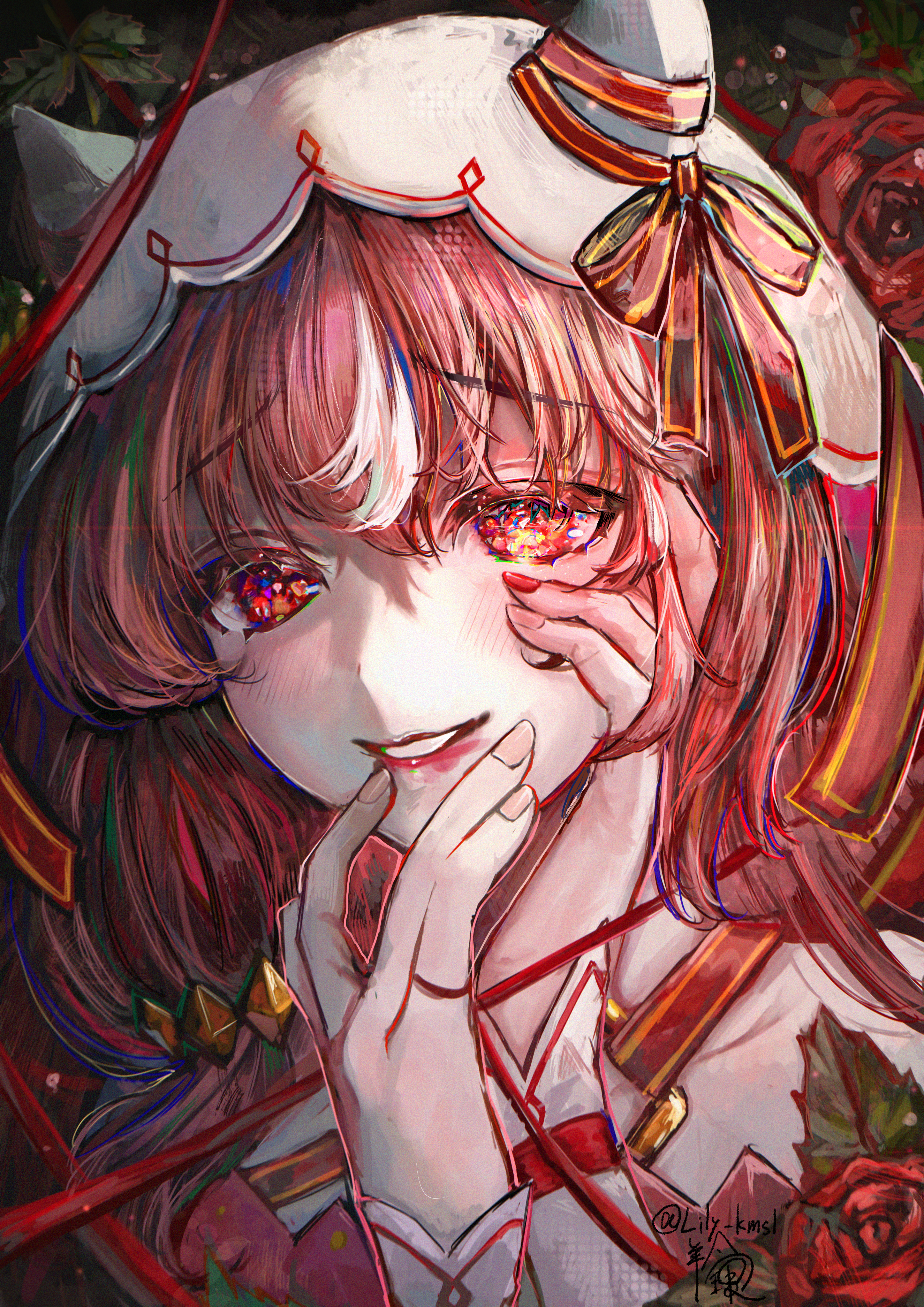 kamoshika lily, still in love (umamusume), umamusume, absurdres, highres, 1girl, animal ears, artist name, bow, brown hair, ear bow, ear ribbon, grin, hair between eyes, hair ornament, hair over shoulder, hands on own face, heart, heart of string, long hair, long sleeves, multicolored hair, nail polish, parted lips, red eyes, red nails, red ribbon, ribbon, signature, smile, solo, streaked hair, twitter username, veil, white hair, white sleeves, white veil