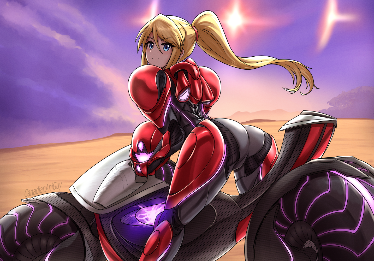 canadiananiguy, samus aran, metroid, metroid prime 4: beyond, nintendo, 1girl, artist name, ass, blonde hair, blue eyes, desert, helmet, long hair, looking at viewer, motor vehicle, motorcycle, ponytail, power suit, power suit (metroid), smile, unworn headwear, unworn helmet, vi-o-la, vi-o-la suit