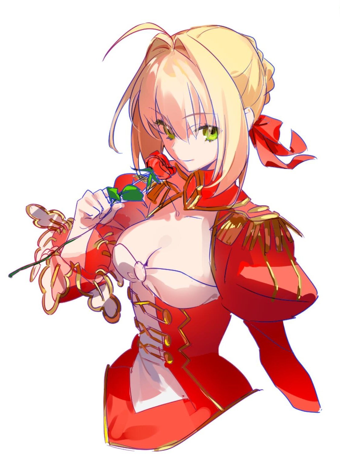 mamaru049949138, nero claudius (fate), nero claudius (fate/extra), fate/extra, fate (series), highres, 1girl, ahoge, blonde hair, braid, breasts, cleavage, cleavage cutout, clothing cutout, dress, epaulettes, flower, green eyes, hair intakes, hair ribbon, looking at viewer, red dress, ribbon, rose, smile, solo, white background