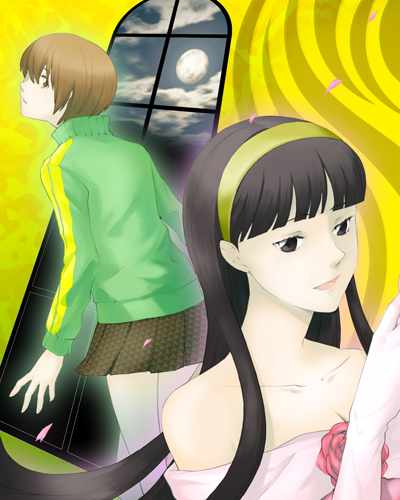 amagi yukiko, satonaka chie, atlus, persona, persona 4, lowres, 2girls, black hair, brown hair, hairband, headband, long hair, multiple girls, official alternate costume, short hair, skirt