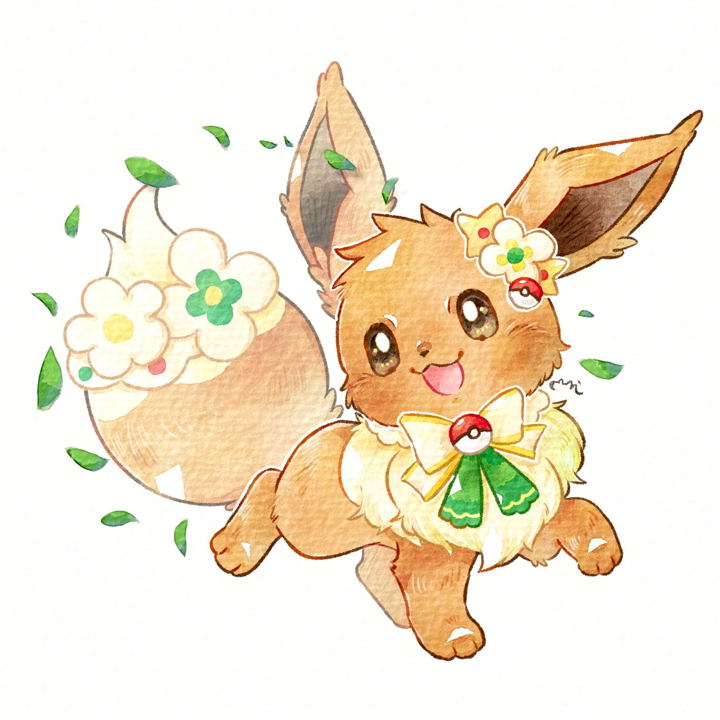 miketoevecan, eevee, nintendo, pokemon, commentary request, highres, traditional media, animal focus, blush, bow, bowtie, brown eyes, flower, full body, gen 1 pokemon, leaf, no humans, poke ball, poke ball (basic), pokemon (creature), pokemon focus, simple background, smile, solo, tail, tail ornament, white background