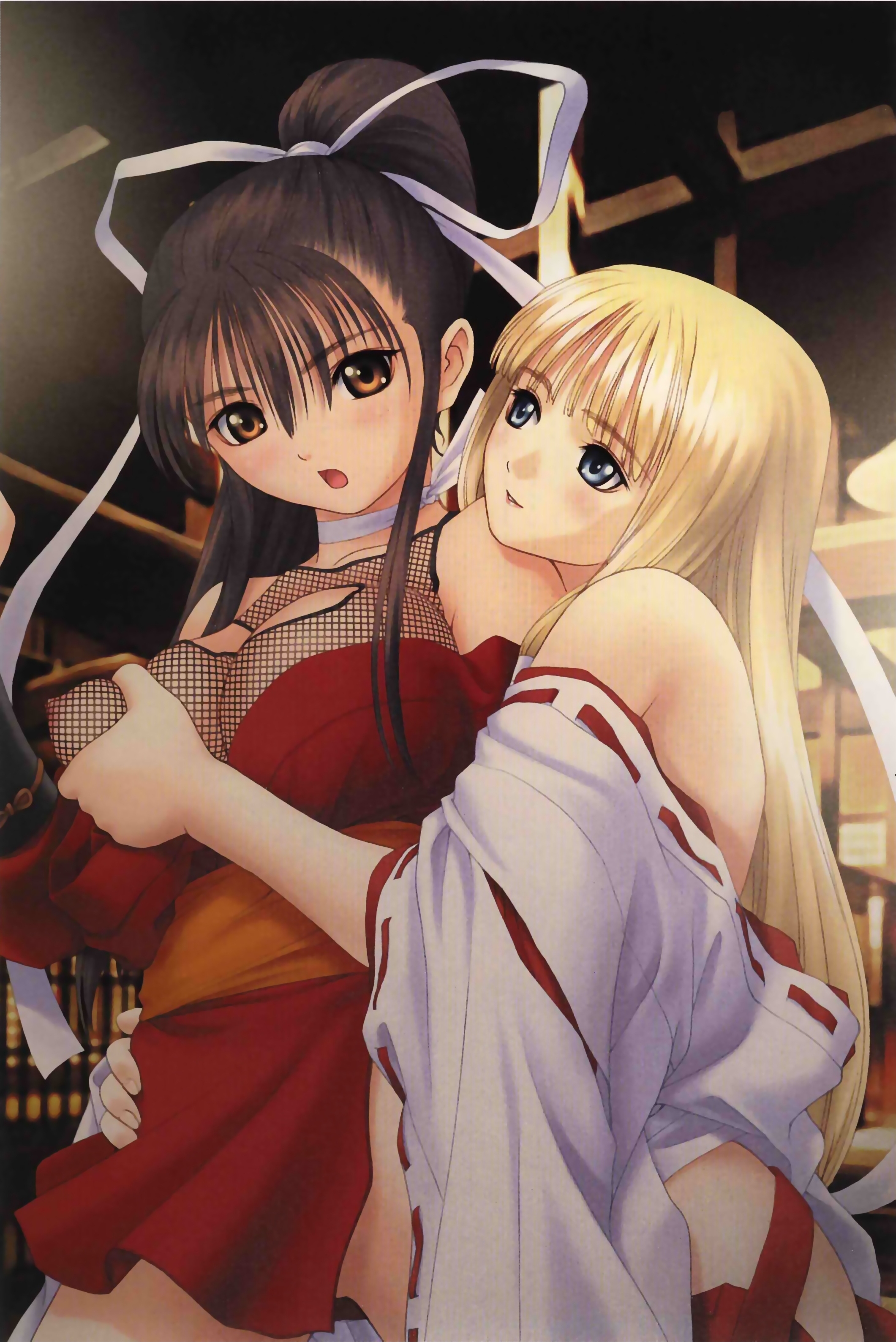 tony taka, kureha (mitama ~shinobi~), ran (mitama ~shinobi~), mitama ~shinobi~, absurdres, highres, 2girls, blonde hair, blue eyes, breasts, brown eyes, brown hair, female focus, fishnets, grabbing another's breast, groping, japanese clothes, large breasts, long hair, miko, multiple girls, ninja, nipples, no panties, off shoulder, open mouth, ponytail, ribbon, yuri