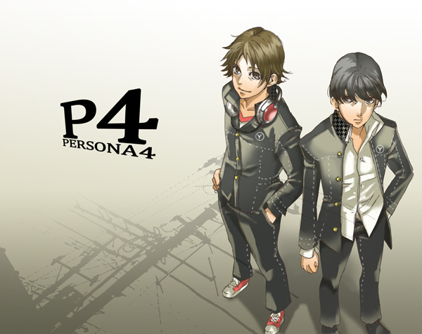 hanamura yousuke, narukami yu, atlus, persona, persona 4, silver hair, 2boys, brown hair, headphones, headphones around neck, houndstooth, male focus, multiple boys, school uniform, serafuku, short hair