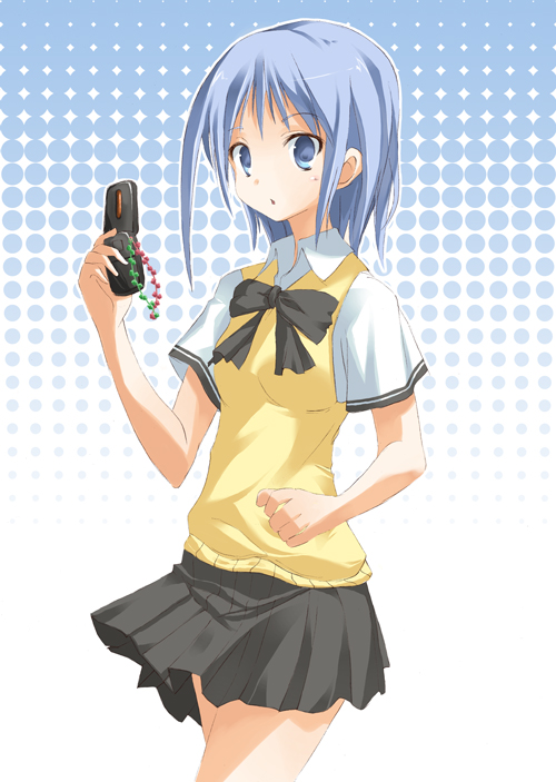 original, 1girl, blue eyes, blue hair, cellphone, female focus, matching hair/eyes, phone, school uniform, serafuku, short hair, skirt, solo, sweatdrop, sweater vest, vest