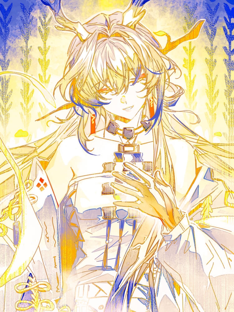 cen (acheng02806053), shu (arknights), arknights, 1girl, bare shoulders, blonde hair, blue hair, closed eyes, colored extremities, dragon girl, dragon horns, earrings, facing viewer, hair between eyes, hair intakes, hand on own chest, horns, jacket, jewelry, long hair, long sleeves, multicolored hair, necklace, off shoulder, smile, solo, strapless, tube top, upper body, white hair, white jacket, white tube top