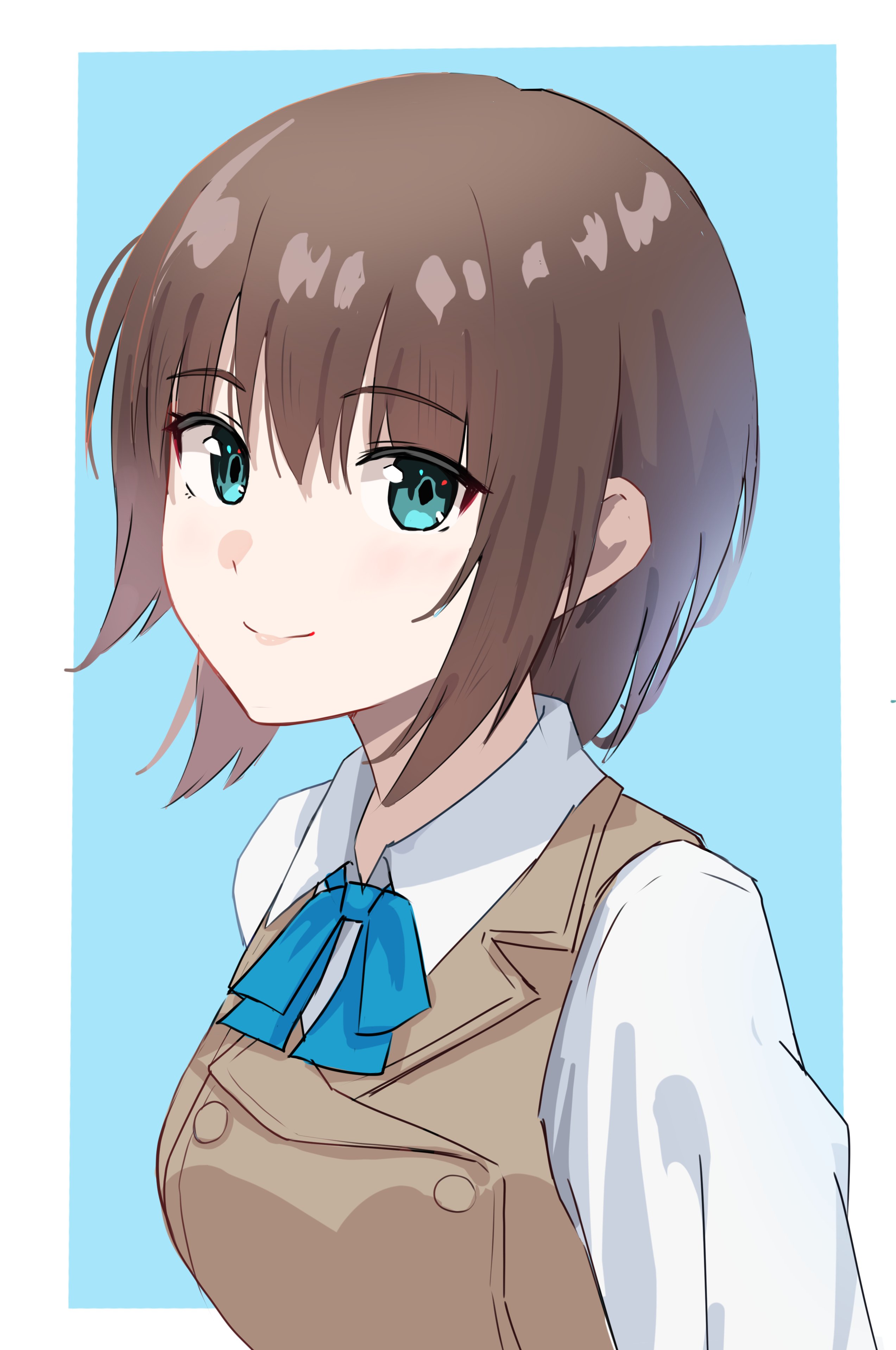 mok kan, aoi erika, heaven burns red, absurdres, highres, 1girl, aqua eyes, blue bow, blue bowtie, bob cut, bow, bowtie, breasts, brown hair, brown vest, buttons, closed mouth, collared shirt, green eyes, hair between eyes, long sleeves, looking at viewer, ribbon, school uniform, shirt, short hair, smile, solo, upper body, vest, white shirt