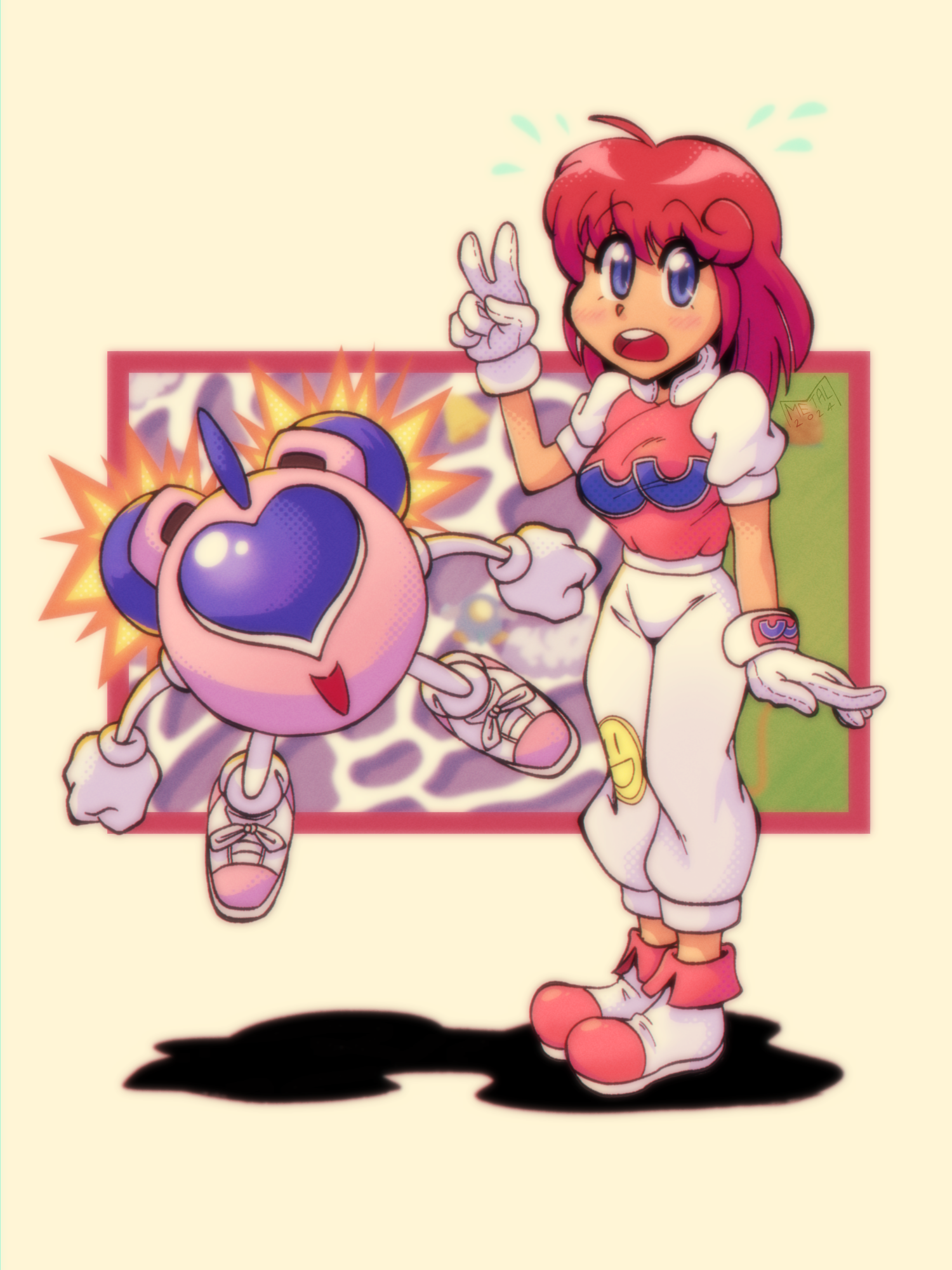 metalmasato, pastel (twinbee), winbee, twinbee, highres, 2girls, :o, blue eyes, breasts, clenched hand, gloves, hand up, looking at viewer, medium breasts, medium hair, multiple girls, open mouth, pants, pink shirt, red hair, shadow, shirt, shoes, short sleeves, sneakers, standing, v, white gloves, white pants