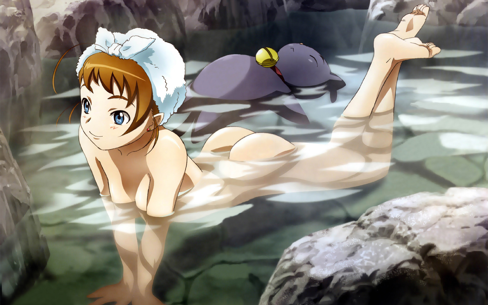 hisayuki hirokazu, arika yumemiya, mikoto (my-otome), my-otome, highres, official art, official wallpaper, 00s, 1girl, alternate hairstyle, ass, barefoot, blue eyes, brown hair, feet, female focus, lying, nude, ripples, soles, solo, water