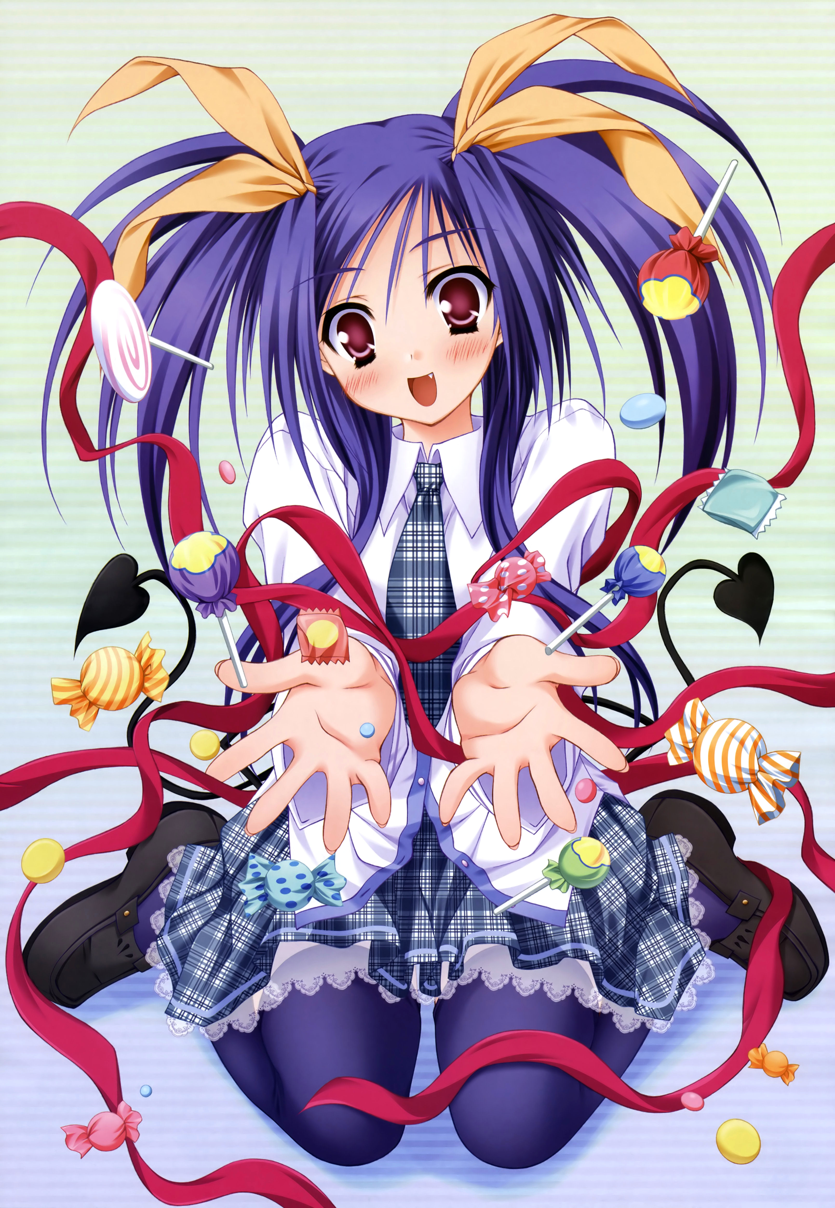 fumitake moekibara, moekibara fumitake, kawai ameri, chupa chups, lump of sugar, tayutama, plaid neckwear, absurdres, highres, 00s, 1girl, blue hair, blue thighhighs, blush, candy, demon tail, fang, female focus, food, hair ribbon, kneeling, lollipop, long hair, necktie, open mouth, outstretched arms, outstretched hand, pink eyes, plaid clothes, plaid necktie, plaid skirt, reaching, ribbon, sitting, skirt, solo, swirl lollipop, tail, thighhighs, twintails