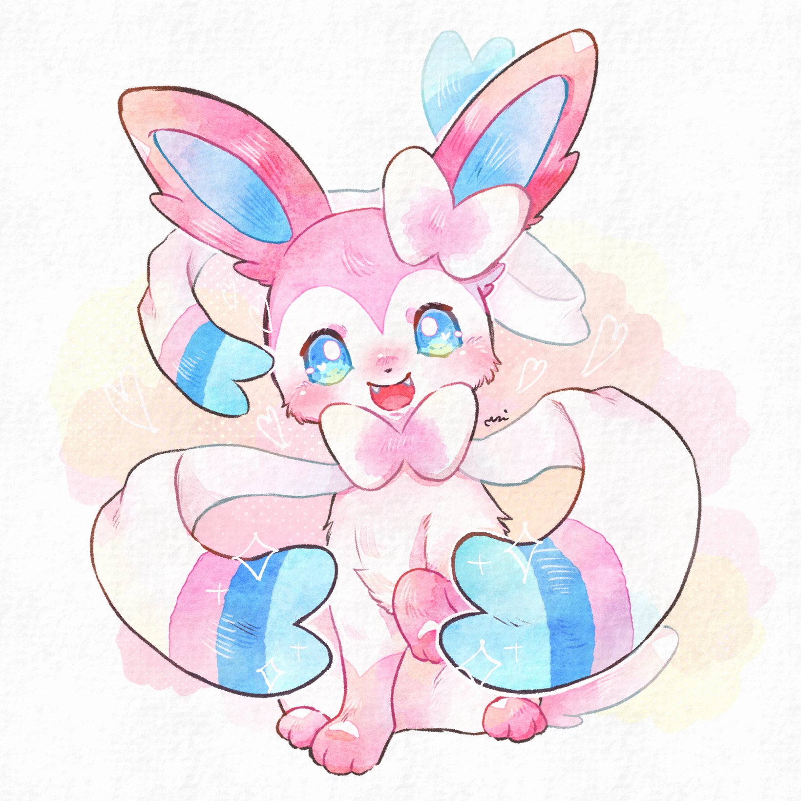 miketoevecan, sylveon, nintendo, pokemon, check commentary, commentary request, highres, traditional media, animal focus, blue eyes, blush, fangs, full body, gen 6 pokemon, no humans, open mouth, pokemon (creature), pokemon focus, sitting, smile, solo
