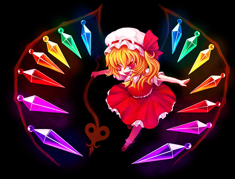 anmitsu, shiratama (shiratama zenzai), flandre scarlet, touhou, bad id, bad pixiv id, 1girl, black background, blonde hair, blouse, collared shirt, female focus, hat, mob cap, ponytail, rainbow order, ribbon, shirt, short hair, socks, solo, white hat, white shirt, wings