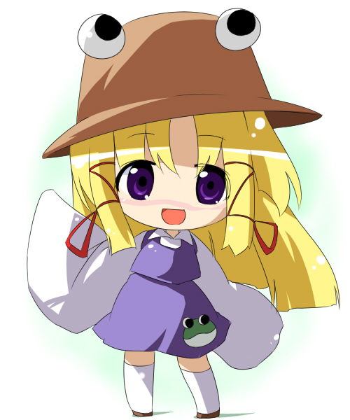 oka (bananashoe), moriya suwako, touhou, 1girl, blonde hair, chibi, female focus, full body, gradient background, hat, ribbon, short hair, skirt, solo, white background