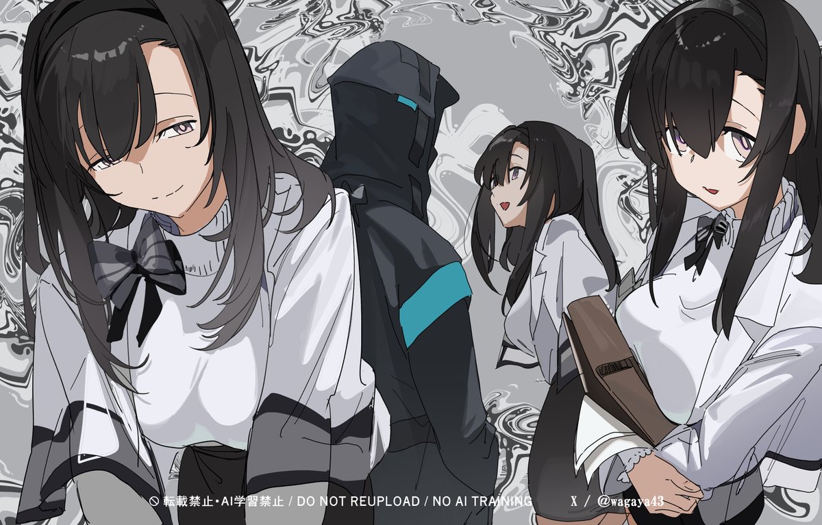 wagaya43, doctor (arknights), priestess (arknights), arknights, commentary, 1girl, 1other, abstract background, black bow, black hair, black hairband, black jacket, bow, closed mouth, grey eyes, hair between eyes, hairband, holding, hood, hood up, hooded jacket, jacket, lapels, looking at another, medium hair, multiple views, open mouth, smile, sweater, turtleneck, turtleneck sweater, watermark, white jacket, white sweater