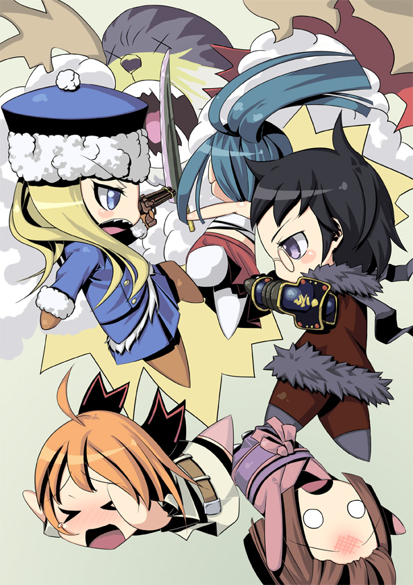ninomae ichijiku, yama ji, alchemist (sekaiju), alchemist 2 (sekaiju), bushidou (sekaiju), bushidou 2 (sekaiju), bushidou 4 (sekaiju), gunner (sekaiju), gunner 2 (sekaiju), medic (sekaiju), medic 2 (sekaiju), atlus, etrian odyssey, bad id, bad pixiv id, 5girls, chibi, multiple girls, sword, weapon