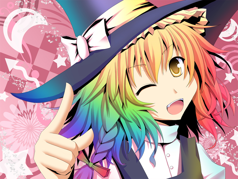 koumei (artist), koumei (harmonizer), kirisame marisa, touhou, 1girl, blonde hair, braid, checkered background, female focus, hat, one eye closed, ribbon, smile, solo, wink