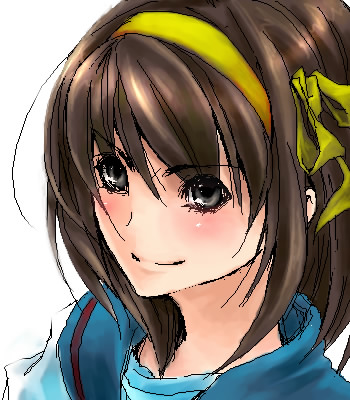 kan (tachi), yakata, suzumiya haruhi, suzumiya haruhi no yuuutsu, lowres, 00s, 1girl, blush, brown eyes, brown hair, female focus, school uniform, serafuku, short hair, solo