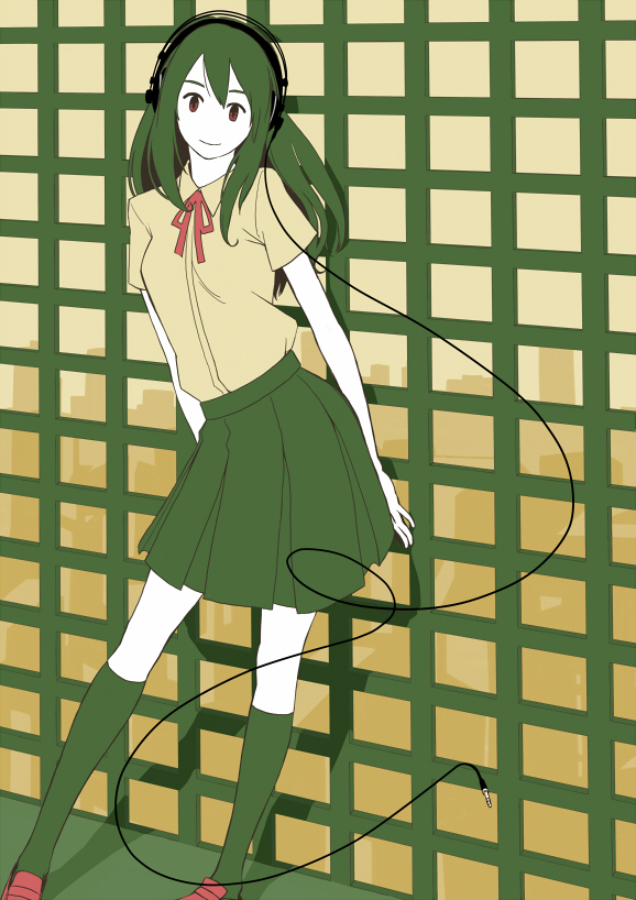 tanaka hirotaka, original, 1girl, black socks, contrapposto, female focus, green eyes, green hair, green skirt, green theme, headphones, kneehighs, loafers, looking at viewer, matching hair/eyes, red ribbon, ribbon, school uniform, serafuku, shirt, shoes, short hair, short sleeves, skirt, socks, solo, standing, yellow shirt