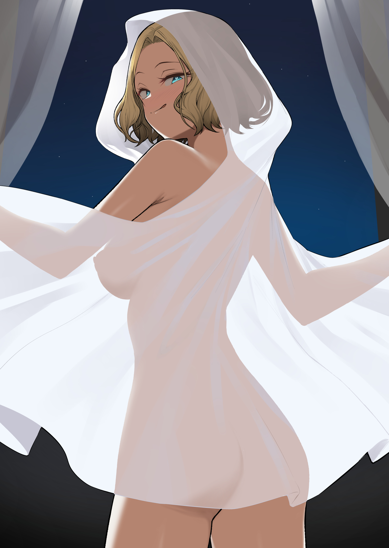 nori gorou, hamazaki reina, imaizumin-chi wa douyara gal no tamariba ni natteru rashii, commentary request, highres, 1girl, :q, ass, bed sheet, blonde hair, blush, breasts, ghost costume, heart, heart-shaped pupils, looking at viewer, looking back, medium breasts, naked sheet, see-through clothes, sheet ghost, short hair, smile, solo, symbol-shaped pupils, tongue, tongue out