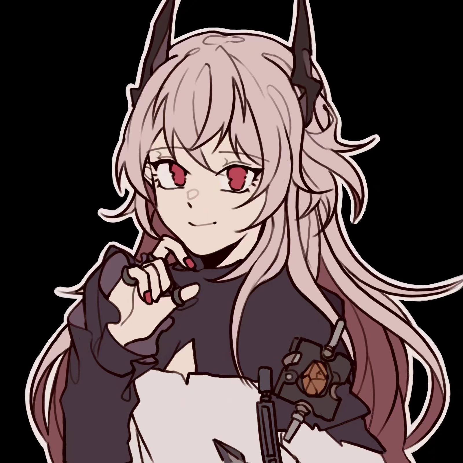 softtoast, theresa (arknights), arknights, commentary, highres, symbol-only commentary, 1girl, black background, black horns, black shirt, closed mouth, grey shirt, hand up, horns, jewelry, long hair, long sleeves, looking at viewer, multiple rings, no pupils, outline, pink hair, red eyes, ring, shirt, simple background, smile, solo, upper body, white outline