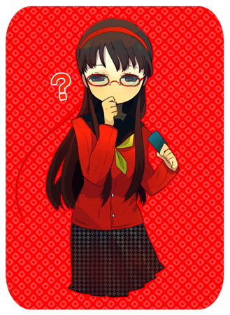 amagi yukiko, atlus, persona, persona 4, lowres, ?, black hair, glasses, hairband, headband, long hair, school uniform, serafuku, skirt, solo