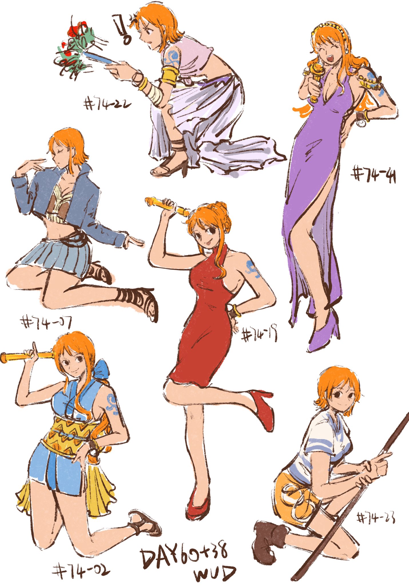 wud, nami (one piece), one piece, chinese commentary, commentary, highres, !, 1girl, ^ ^, arm tattoo, armlet, blue kimono, boots, bracelet, brown boots, closed eyes, crop top, cropped jacket, dress, full body, hair bun, hand on own hip, high heels, holding, holding staff, japanese clothes, jewelry, kimono, kneeling, log pose, long hair, multiple views, obi, orange hair, orange skirt, ponytail, profile, purple dress, purple shoes, red dress, red shoes, sash, shirt, shoes, short hair, short kimono, sidelocks, simple background, skirt, sleeveless, sleeveless dress, sleeveless kimono, smile, staff, t-shirt, tattoo, white background, yellow sash
