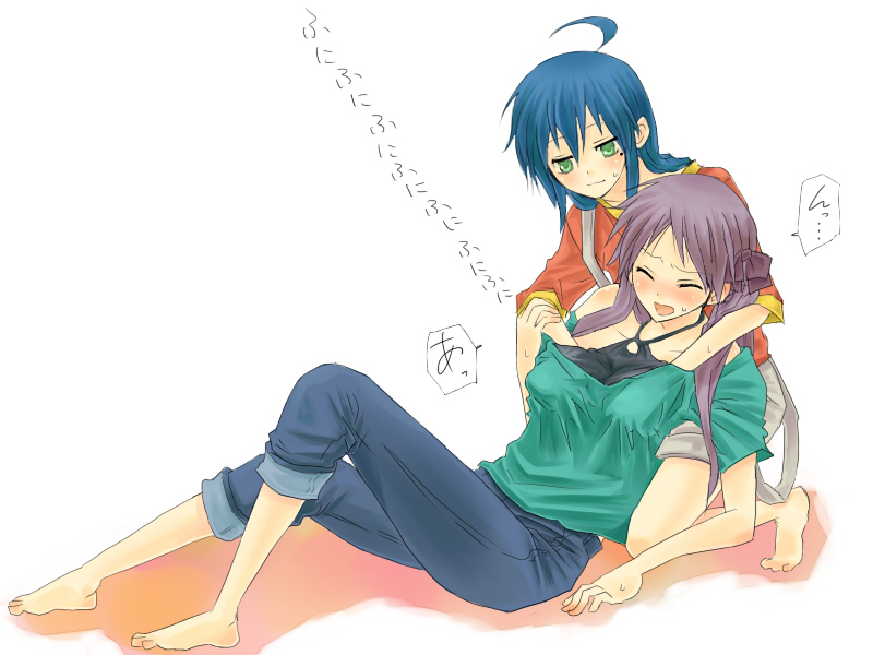 kochoko, hiiragi kagami, izumi konata, lucky star, 00s, 2girls, aged up, breasts, casual, grabbing another's breast, groping, mole, mole under eye, multiple girls, small breasts, yuri