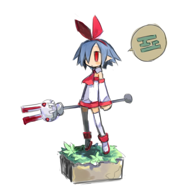 harada takehito, pleinair, usagi-san, disgaea, nippon ichi, original, 1girl, blue hair, detached sleeves, faux figurine, female focus, hair ribbon, pointy ears, polearm, rabbit, red eyes, ribbon, short hair, solo, spear, thighhighs, weapon