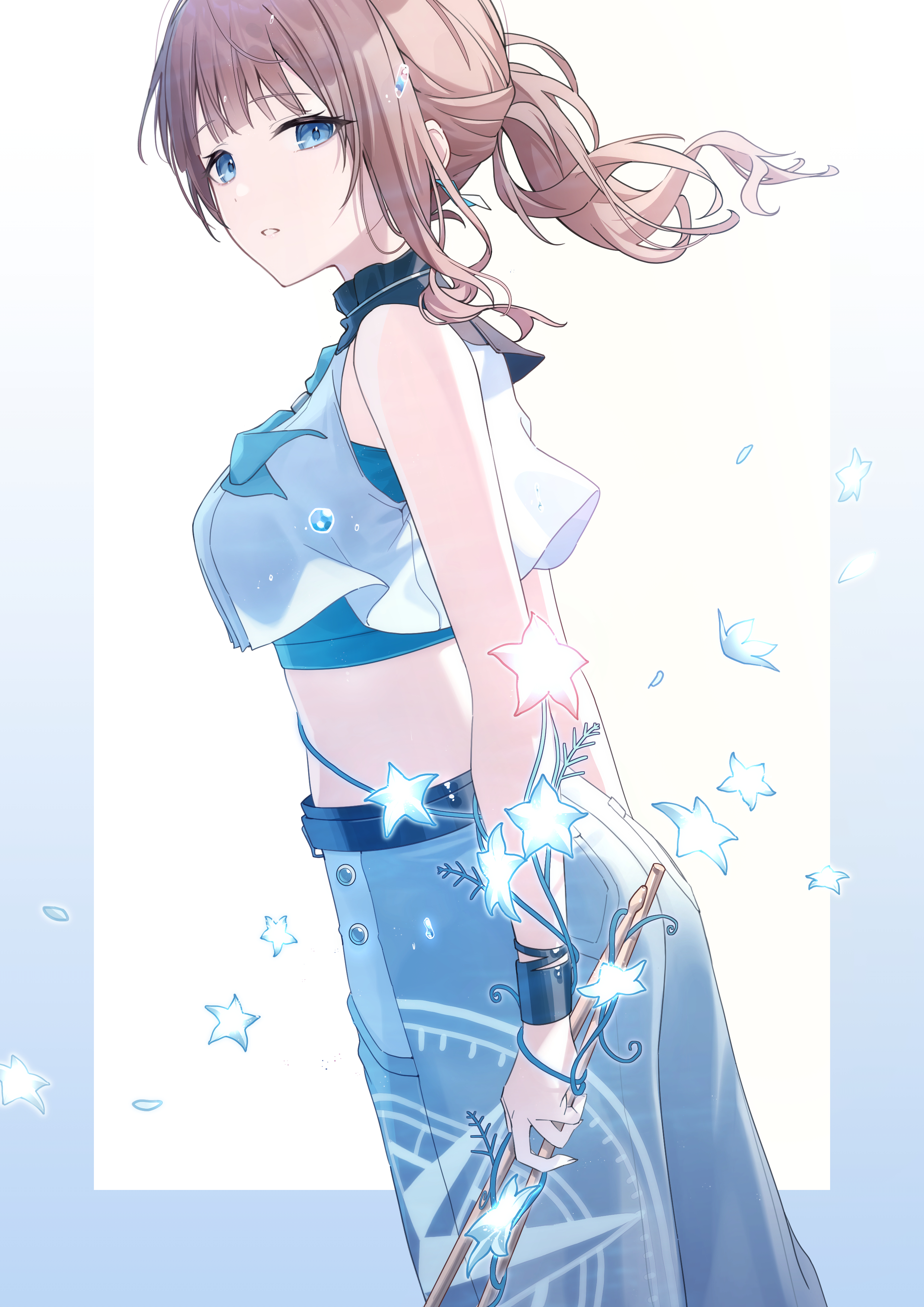 timmoo, mochizuki honami, project sekai, absurdres, commentary request, highres, 1girl, :o, blue eyes, blue pants, blue sports bra, blunt bangs, border, bracelet, breasts, collared shirt, cowboy shot, cropped shirt, drumsticks, dutch angle, expressionless, from behind, gradient border, holding, holding drumsticks, jewelry, looking at viewer, looking back, medium breasts, midriff, pants, ponytail, shirt, sideways glance, simple background, single sidelock, sleeveless, sleeveless shirt, solo, sports bra, standing, stick to your faith (project sekai), white background, white shirt