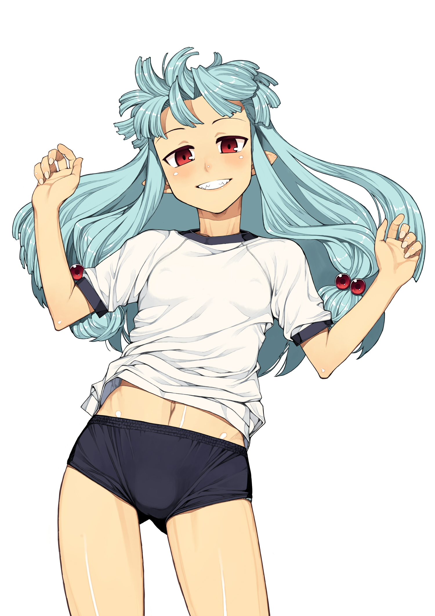 hamada yoshikazu, kiriha (tsugumomo), tsugumomo, bad id, bad pixiv id, highres, 1girl, aqua hair, blue hair, breasts, buruma, covered erect nipples, cowboy shot, female focus, grin, gym uniform, hair bobbles, hair ornament, long hair, navel, palms, pointy ears, red eyes, sharp teeth, simple background, small breasts, smile, solo, teeth, white background