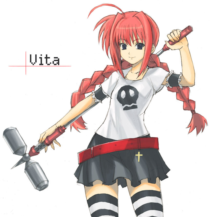 tetsu (kimuchi), graf eisen, vita (nanoha), lyrical nanoha, mahou shoujo lyrical nanoha, mahou shoujo lyrical nanoha a's, mahou shoujo lyrical nanoha strikers, 00s, 1girl, black eyes, braid, female focus, hammer, long hair, red hair, shirt, skirt, skull, solo, striped clothes, striped thighhighs, t-shirt, thighhighs, twin braids, weapon