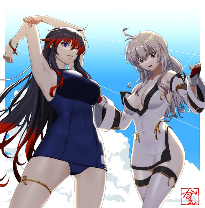 nanbu kaguya, teletha testarossa, full metal panic!, super robot wars, super robot wars og saga mugen no frontier, commission, skeb commission, 2girls, black hair, breasts, brown eyes, cosplay, covered navel, crossover, fingerless gloves, gloves, grey hair, large breasts, long hair, multicolored hair, multiple girls, one eye closed, open mouth, red hair, saitou kazue, smile, swimsuit, thighhighs, two-tone hair, very long hair, white thighhighs