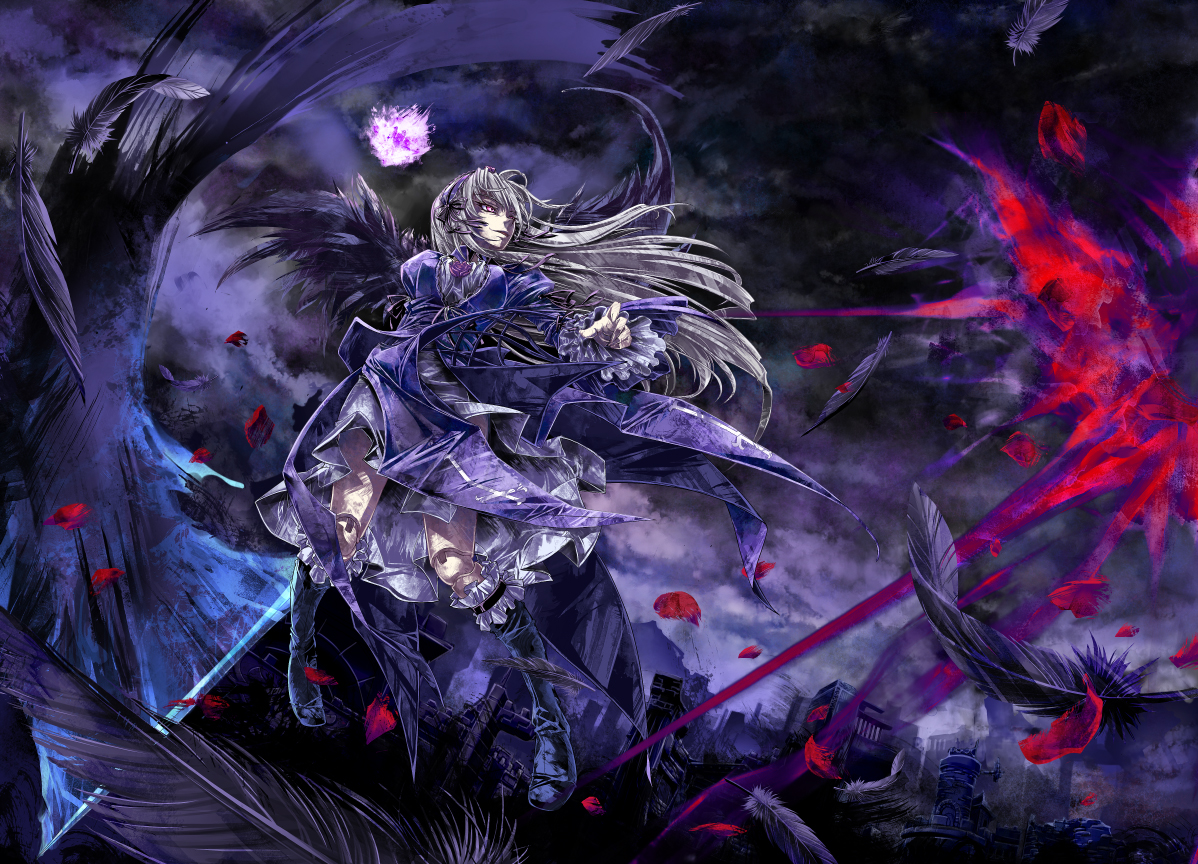 sasa ichi, suigintou, rozen maiden, silver hair, 00s, doll joints, feathers, joints, long hair, petals, purple eyes, solo, sword, weapon, wings