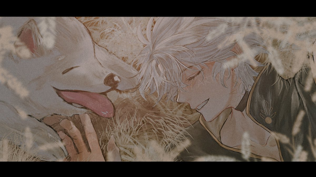 phainon (honkai: star rail), honkai: star rail, honkai (series), 1boy, animal, animal ears, animal nose, black border, black choker, blush, border, choker, closed eyes, dog, dog ears, grey hair, hand up, lying, neck tattoo, on side, open mouth, outdoors, pet, samoyed (dog), short hair, smile, sun symbol, sun tattoo, tan, tattoo, teeth, tongue, tongue out, weeds, white dog, white fur, y9iii1