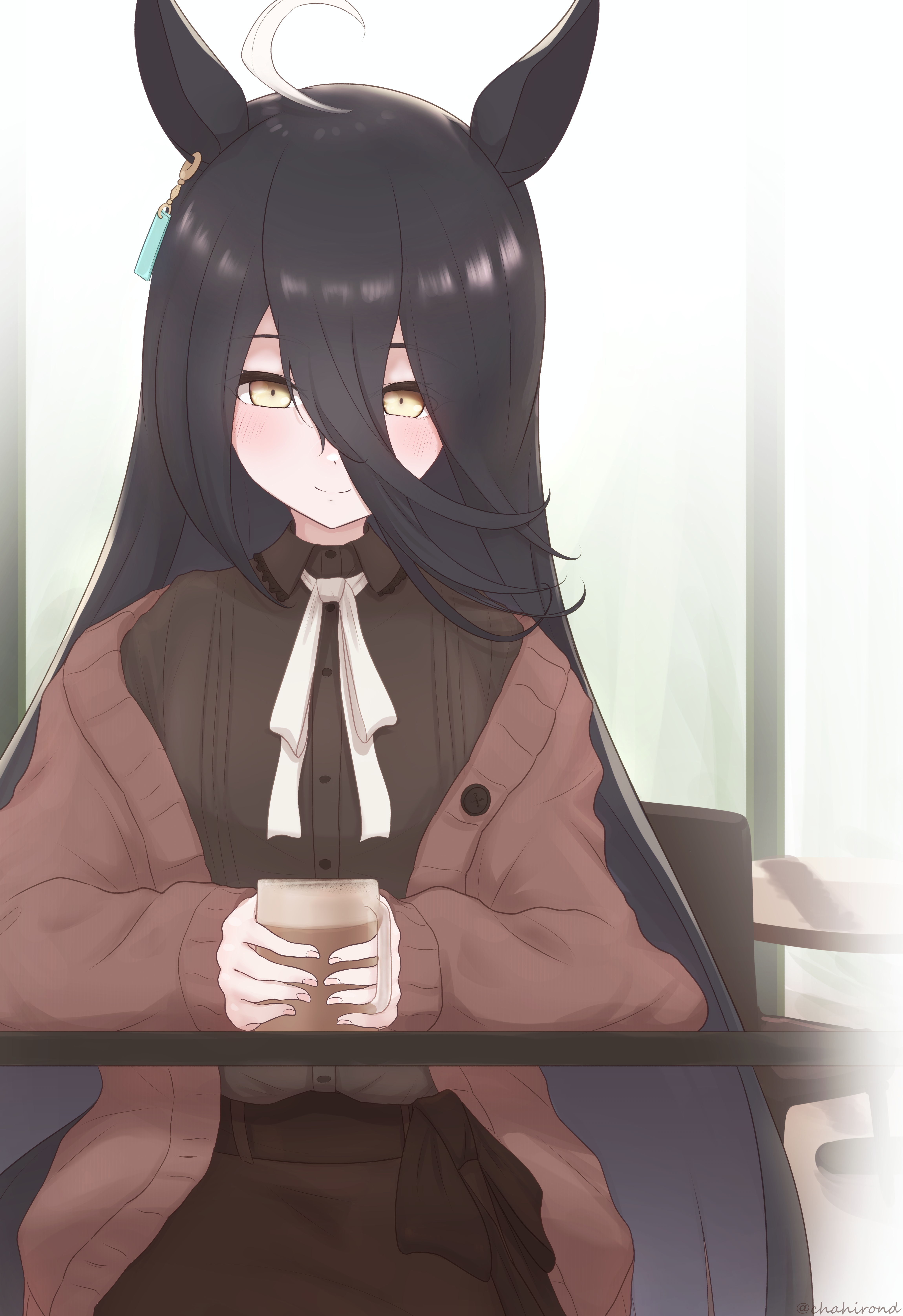 chahiro, manhattan cafe (umamusume), umamusume, absurdres, highres, 1girl, ahoge, animal ears, brown cardigan, brown shirt, cardigan, closed mouth, collared shirt, couch, cup, ear ornament, ear tag, earrings, frilled shirt collar, frills, glass mug, hair between eyes, holding, holding cup, horse ears, horse girl, jewelry, long hair, long hair between eyes, looking at breasts, mug, multicolored hair, neck ribbon, open cardigan, open clothes, red skirt, ribbon, shirt, shirt tucked in, single earring, sitting, skirt, smile, solo, split mouth, table, very long hair, white hair, white ribbon, yellow eyes