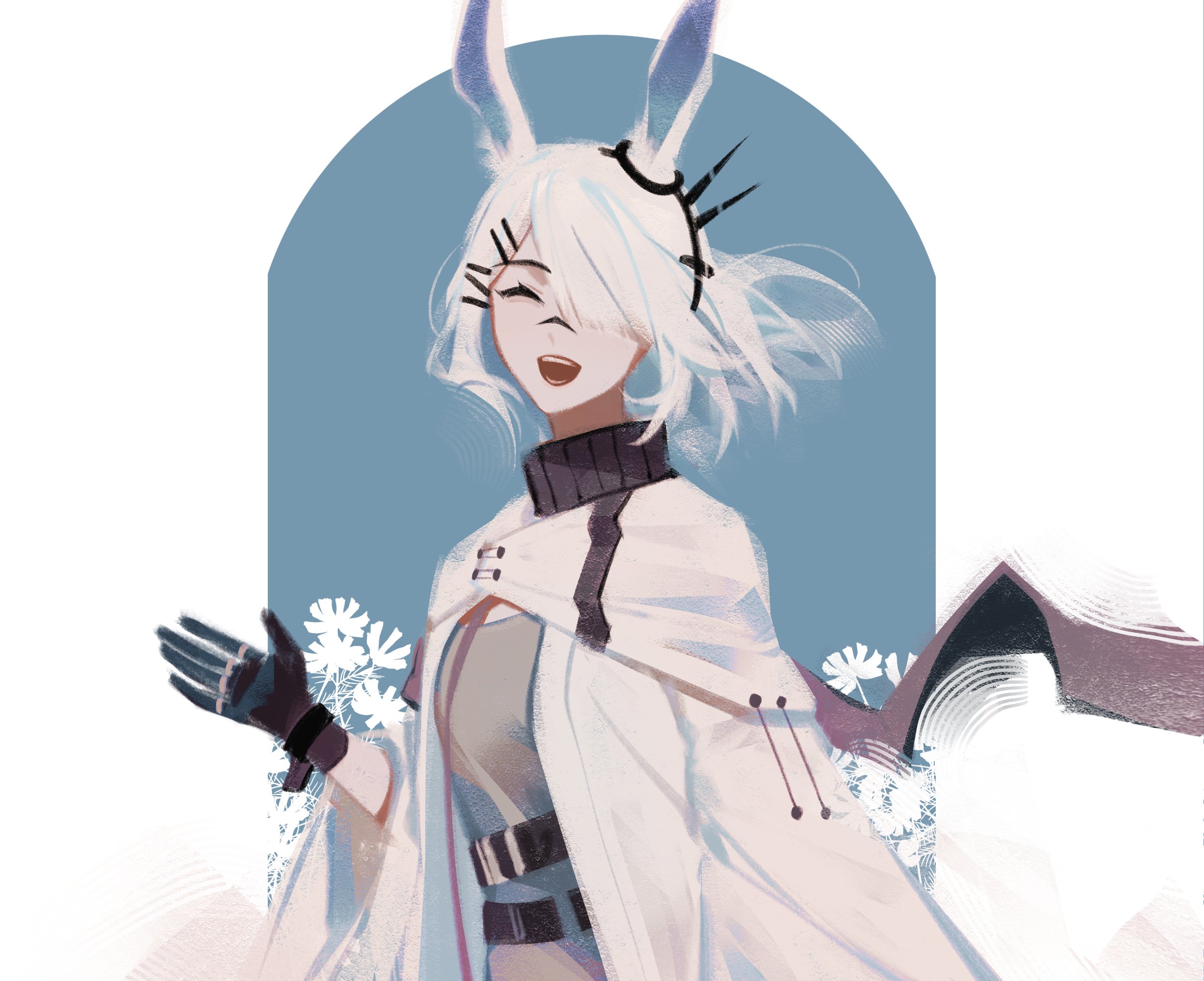 ylceon, frostnova (arknights), arknights, derivative work, highres, screenshot redraw, 1girl, :d, ^ ^, animal ears, black gloves, closed eyes, facing viewer, gloves, hair ornament, hairclip, happy, jacket, jewelry, multiple rings, open mouth, ring, scar, scar on face, scar on nose, short hair, smile, solo, upper body, waving, white hair, white jacket