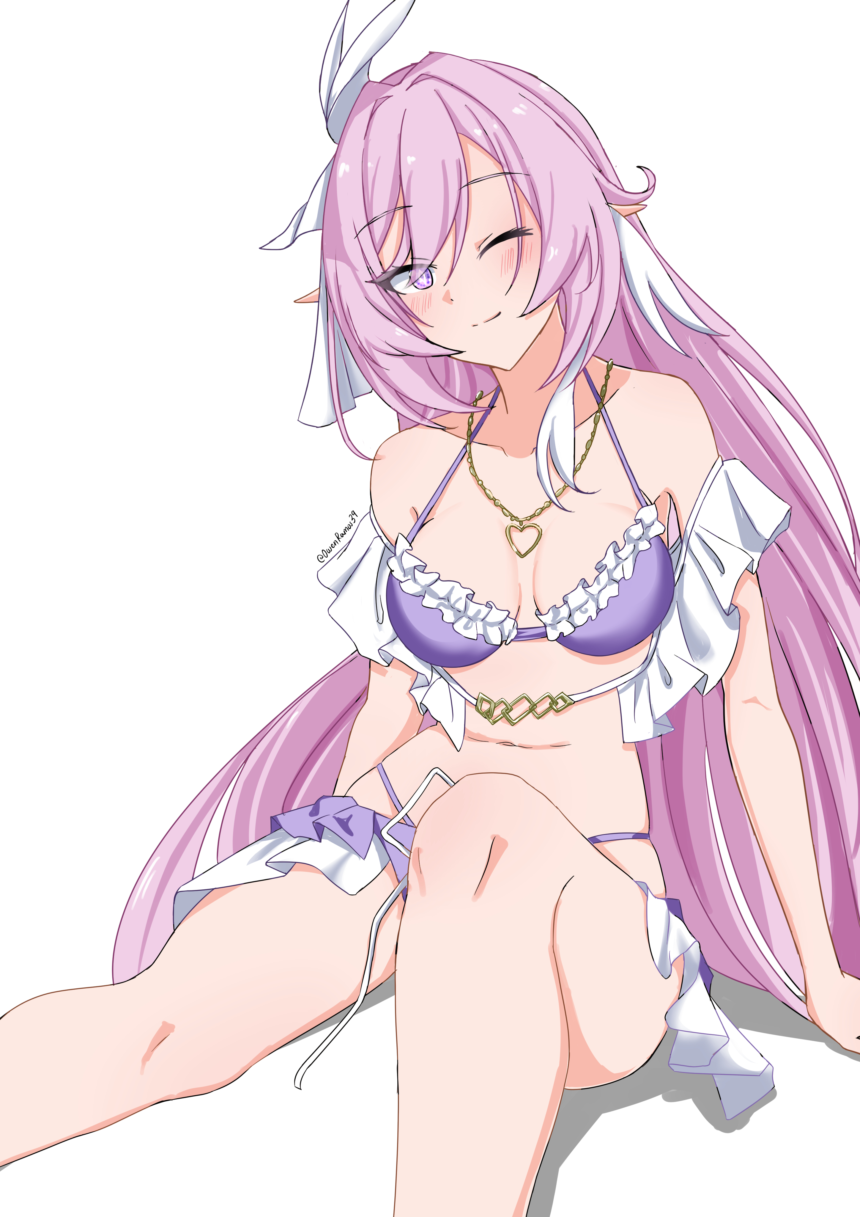 owenramos39, elysia (herrscher of human: ego) (honkai impact), elysia (honkai impact), elysia (summer 2023) (honkai impact), honkai (series), honkai impact 3rd, absurdres, commentary, english commentary, highres, 1girl, ;), bare shoulders, bikini, breasts, diamond-shaped pupils, diamond (shape), elf, frilled bikini, frills, hair ornament, heart, heart necklace, jewelry, knee up, long hair, looking at viewer, medium breasts, multicolored hair, navel, necklace, official alternate costume, one eye closed, pink hair, pointy ears, purple bikini, purple eyes, simple background, sitting, smile, solo, stomach, swimsuit, symbol-shaped pupils, thighs, two-tone hair, very long hair, white background, white hair