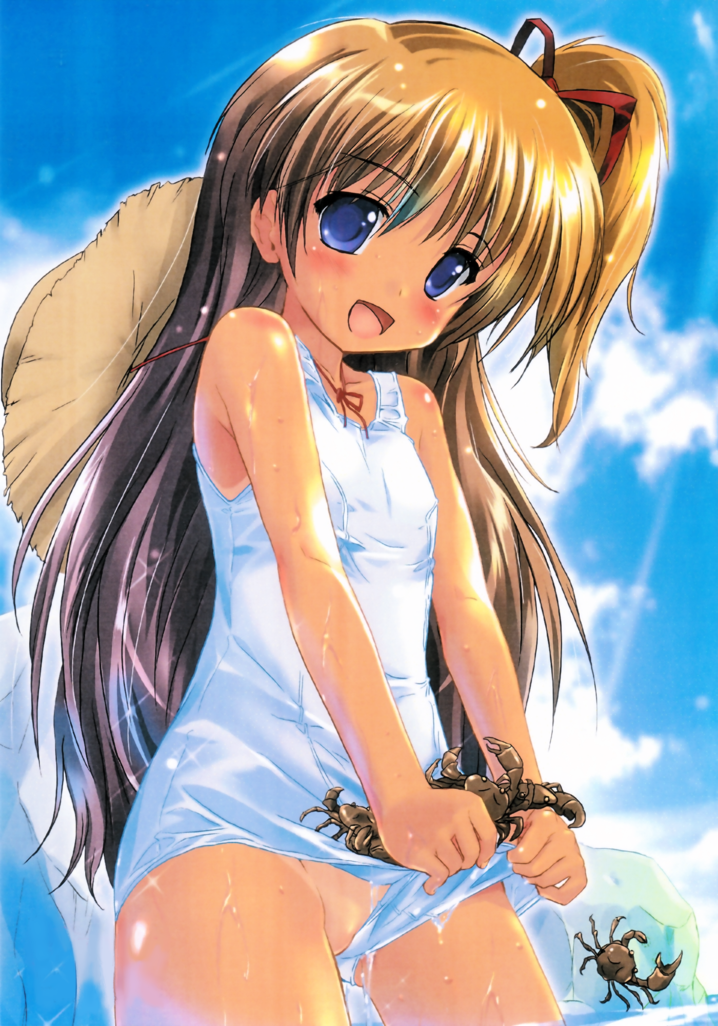 komatsu eiji, highres, 1girl, blue eyes, blush, brown hair, clothes lift, clothes pull, crab, crustacean, day, flat chest, hat, lifting own clothes, long hair, one-piece swimsuit, one-piece swimsuit pull, one-piece tan, outdoors, partially visible vulva, ponytail, ribbon, school swimsuit, side ponytail, sky, straw hat, swimsuit, swimsuit lift, tan, tanline, water, wet, white one-piece swimsuit, white school swimsuit
