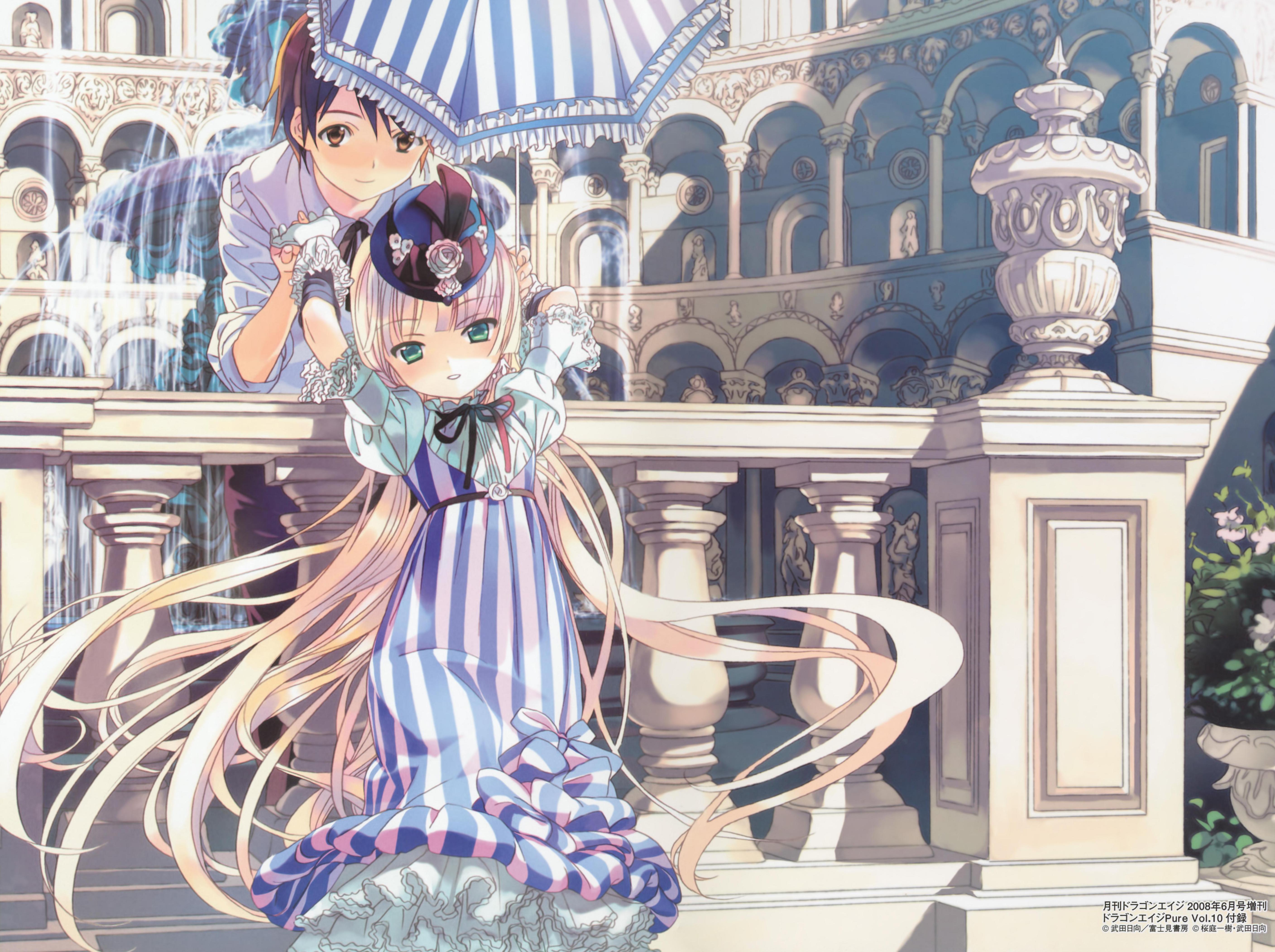 takeda hinata, kujou kazuya, victorica de blois, gosick, absurdres, highres, official art, scan, textless version, 1boy, 1girl, blonde hair, column, dress, fountain, frills, gloves, green eyes, hair spread out, hat, long hair, parasol, pillar, striped clothes, striped dress, umbrella, vertical stripes, very long hair, victorian