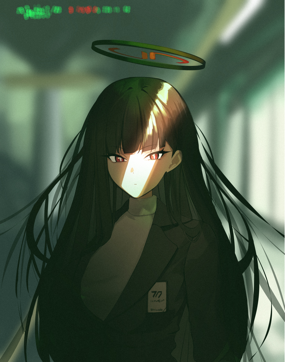 seoly ouo, rio (blue archive), blue archive, commentary, highres, 1girl, black hair, black jacket, blazer, blunt bangs, blurry, blurry background, bright pupils, crack of light, halo, id card, jacket, long hair, looking at viewer, millennium science school logo, red eyes, solo, straight hair, sweater, upper body, very long hair, white pupils, white sweater