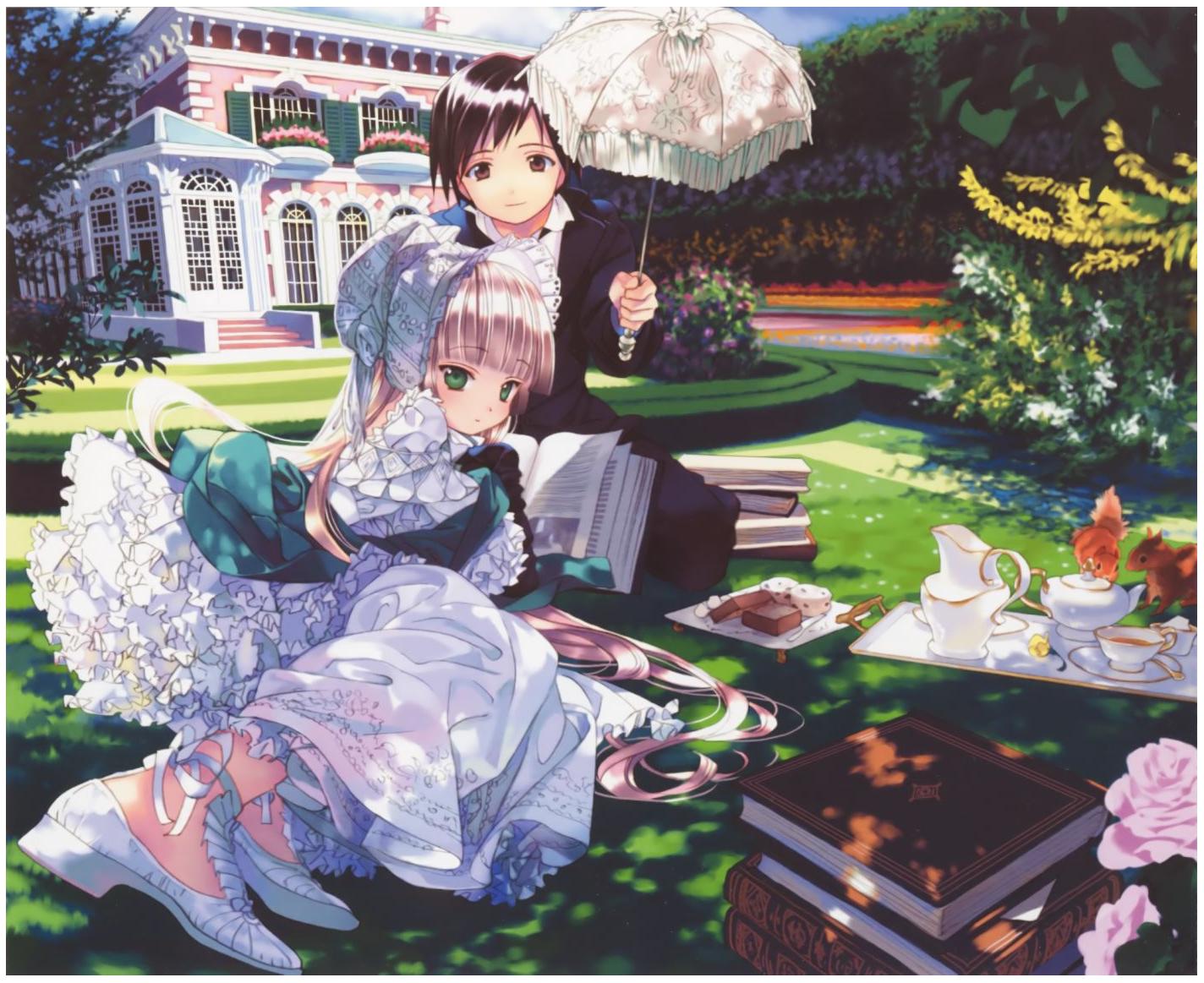 takeda hinata, kujou kazuya, victorica de blois, gosick, bad perspective, official art, 1boy, 1girl, blonde hair, bonnet, book, cup, dress, frills, green eyes, hair spread out, hat, long hair, perspective, pitcher (container), teacup, teapot, umbrella, very long hair, victorian