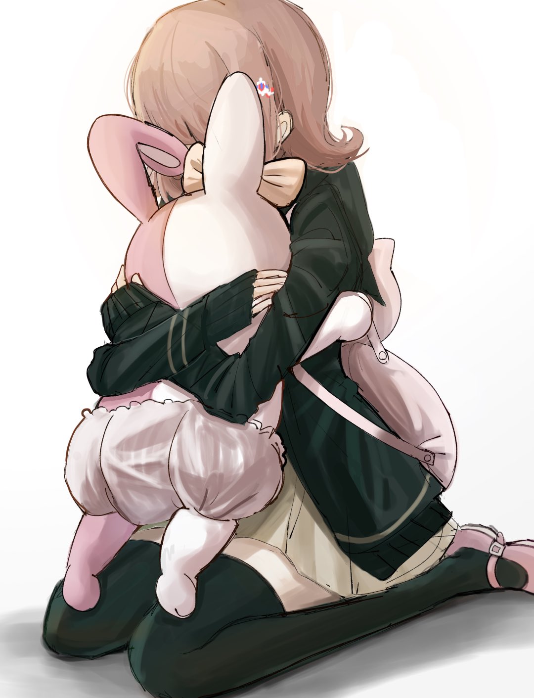 monomi (danganronpa), nanami chiaki, danganronpa (series), danganronpa 2: goodbye despair, highres, 1girl, black jacket, black thighhighs, brown hair, brown skirt, flipped hair, hair ornament, hug, jacket, long sleeves, medium hair, pink bag, shirt, skirt, thighhighs