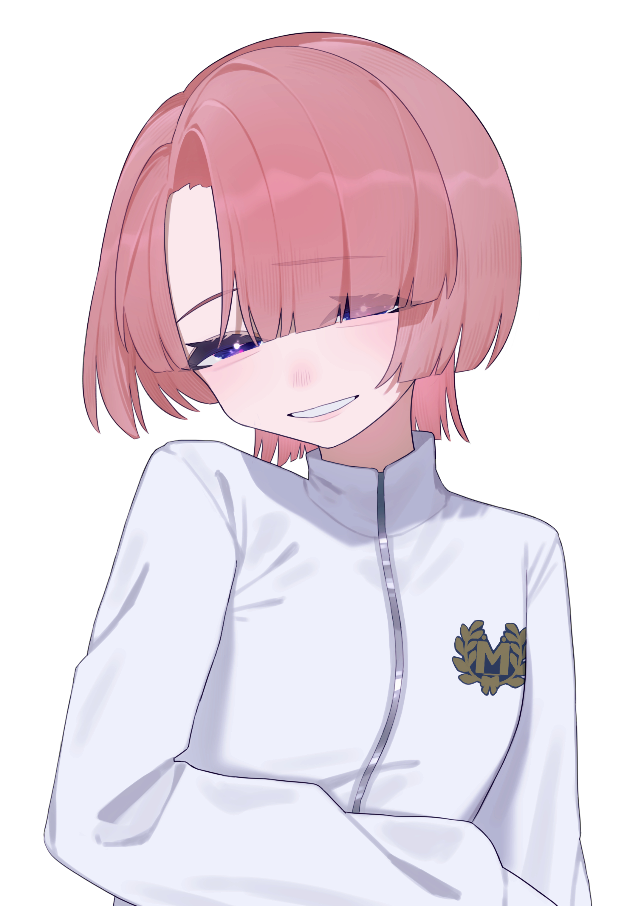 meguru nyan, arimura mao, gakuen idolmaster, idolmaster, absurdres, commentary request, highres, 1girl, aegyo sal, blunt bangs, hair over one eye, jacket, jersey, long sleeves, pink hair, purple eyes, short hair, simple background, smile, solo, upper body, white background, white jacket